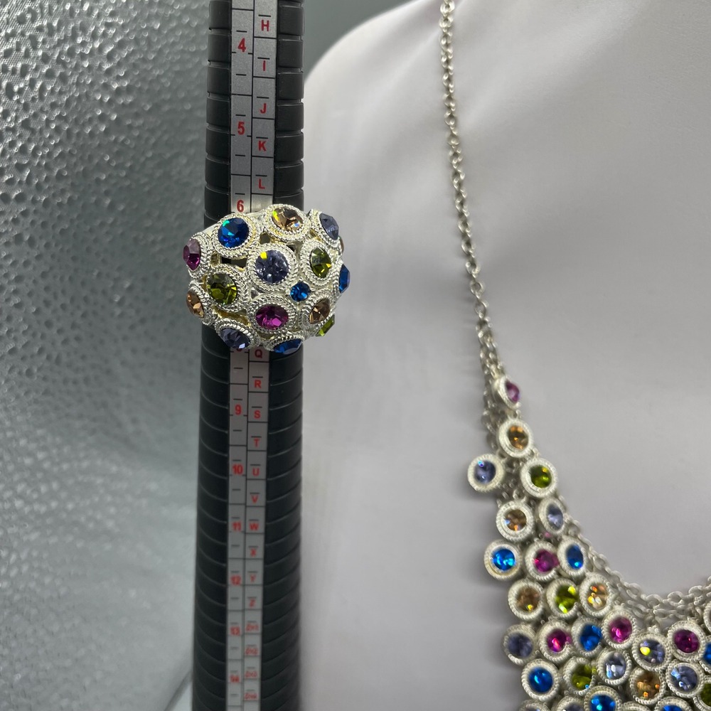 Multi Color Rhinestone Silver Tone Statement Jewelry Set Necklace Bracelet Ring - Picture 2 of 14